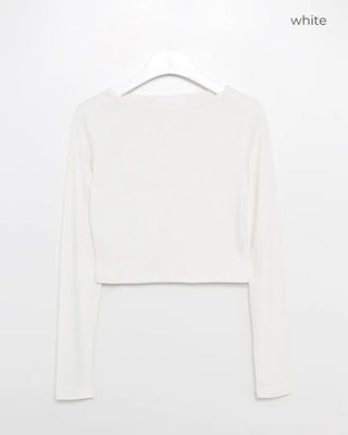 Boat neck cropped ribbed long-sleeve cut and sew