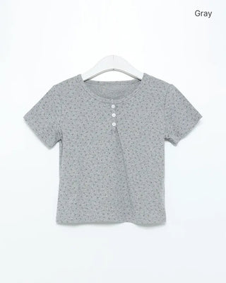 Henley Neck Flower Short Sleeve T-Shirt