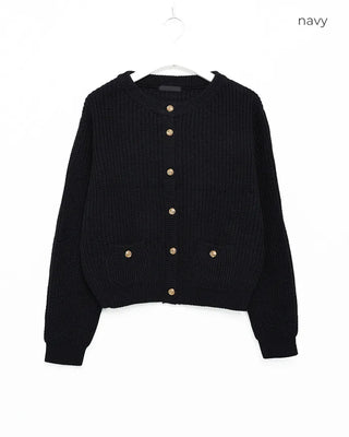 Gold Button Square Pocket Ribbed Cardigan