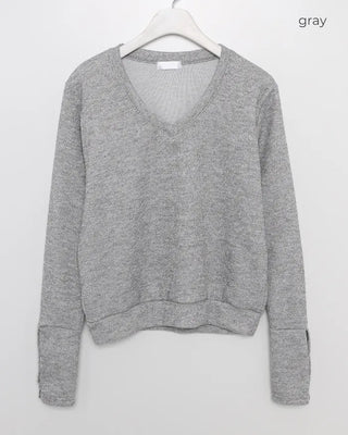 Sleeve Button V-Neck Long T-Shirt