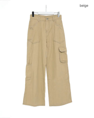 Beige pocket cotton wide-leg pants