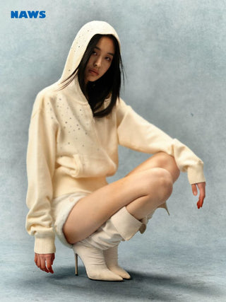 [NOTAWEAR] Rhinestone Hooded Zip-Up Knit  Cardigan