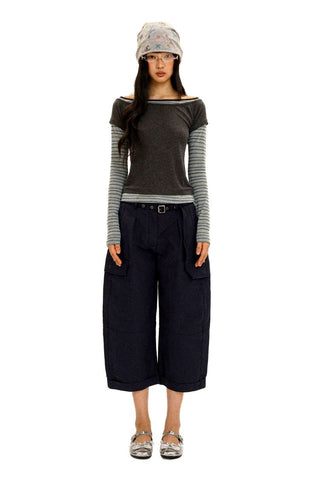 [Moromoro2] 3D Silhouette Belted Work Cropped  Pants