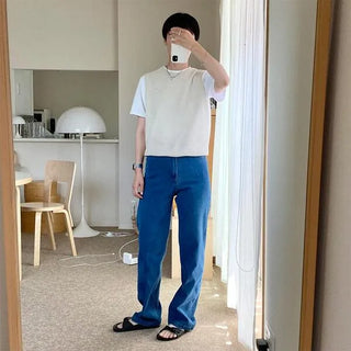 Wide-leg long denim pants