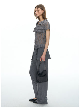 [NECY] Purple Grey Ruffle Plaid Shirt