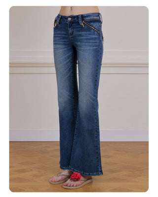 [NECY] Cross Zip Pocket Washed Slim Flare Jeans
