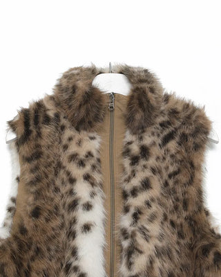 Leopard Fur High Neck Reversible Double Zip Vest