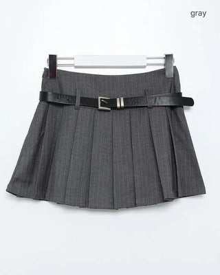 Belted Pinstripe Pleated Mini Skirt