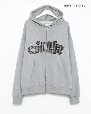 (Unisex) Tartan Check Patch Double Zip Hoodie