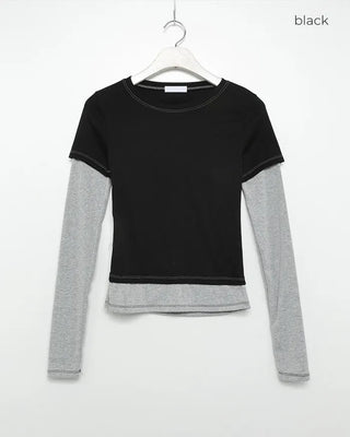 Two-tone layered long-sleeve T-shirt