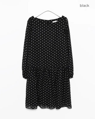 Bateau neckline polka dot yoke gathered chiffon dress