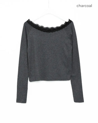 Scalloped Lace Off-Shoulder Neck Long T-Shirt