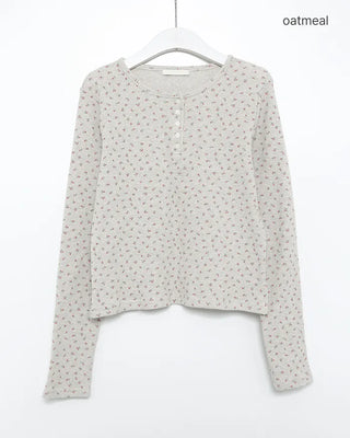 Flower Henley Neck Long T-Shirt