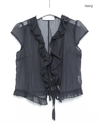 Checked chiffon sheer ruffle blouse
