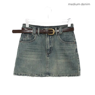 Belted denim mini skirt