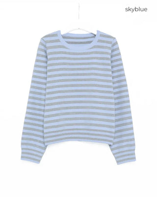 Round neck striped ribbed hem knit
