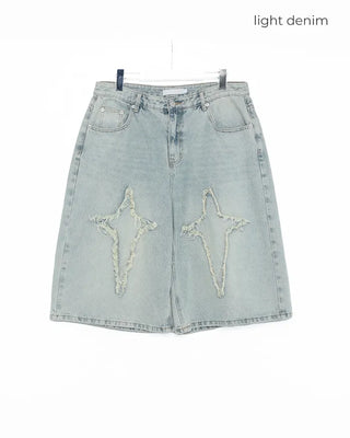 (Unisex) Cut-off Fringe Patch Bermuda Jeans