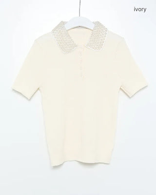 Pearl-embellished color-accented short-sleeved knit