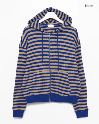 (Unisex) Striped Double Zip Waffle Knit Hoodie