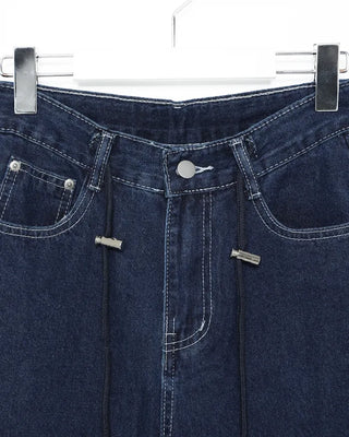 Straight denim pants with drawstring waist