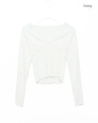 Lace V-neck cropped ribbed long T-shirt