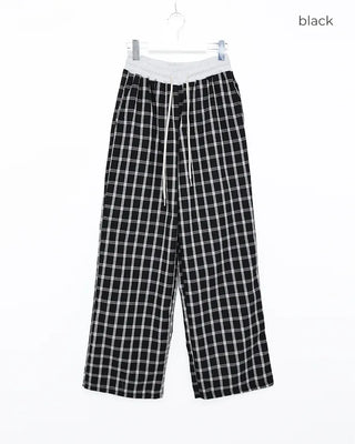 Waist two-tone check seersucker wide pants