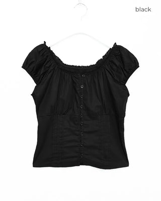 2-Way Gathered Elastic Lace Neck Button Blouse