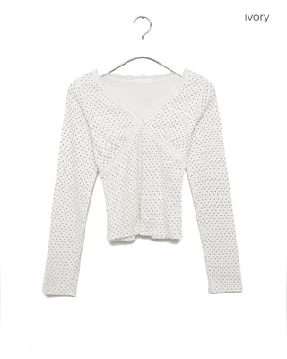 V-neck lace polka dot T-shirt