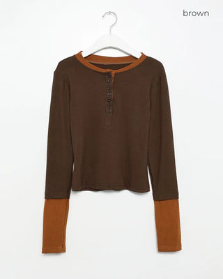 Color-layered button-up long-sleeve T-shirt