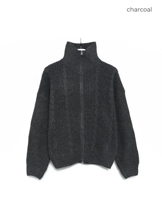Cable knit high neck half-zip sweater