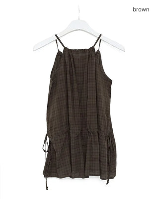 Checked sleeveless shirred blouse
