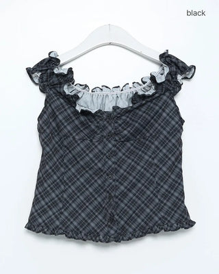 Checked Shirred Short Sleeve Blouse