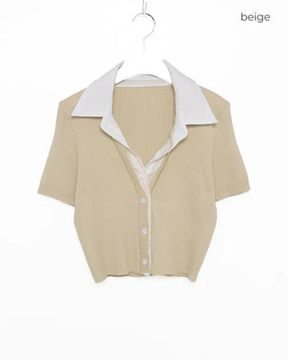 Shirt-style short-sleeved cardigan