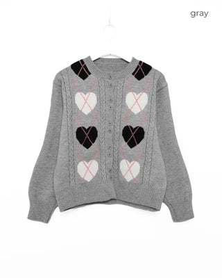 Heart Argyle Round Neck Cardigan