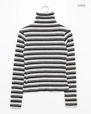 High-neck striped slim rib brushed long T-shirt