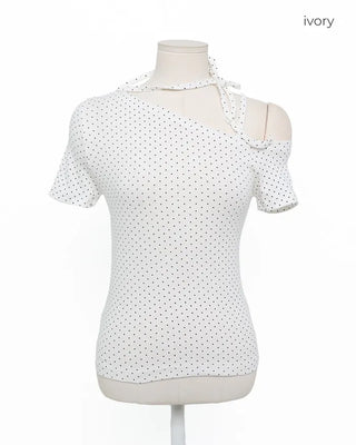 One-off shoulder polka dot half-sleeve T-shirt