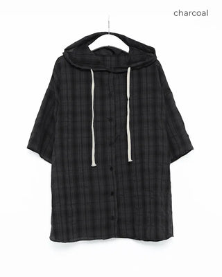 (Unisex) Check Hooded Short-Sleeve Shirt