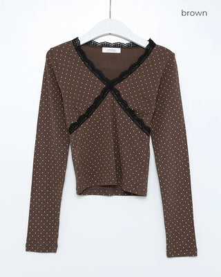 Dot Lace Point V-Neck Long Sleeve T-Shirt