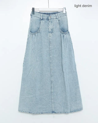 Elastic waist pocket midi denim skirt