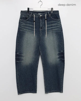 Washed string denim pants