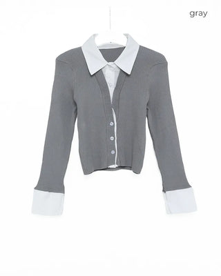 Shirt-layered long-sleeved cardigan