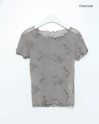 Flower Sheer Scallop Short Sleeve T-Shirt