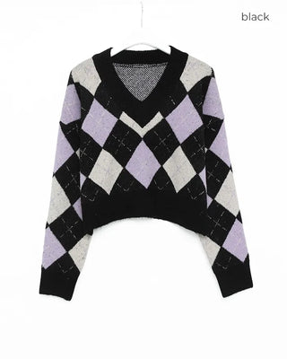 V-neck argyle pattern loose knit