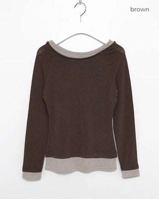 Boat neck two-tone layered long T-shirt