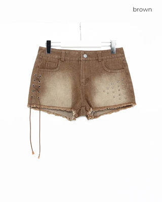 Shoelace Studded Cut-Off Short Denim Pants