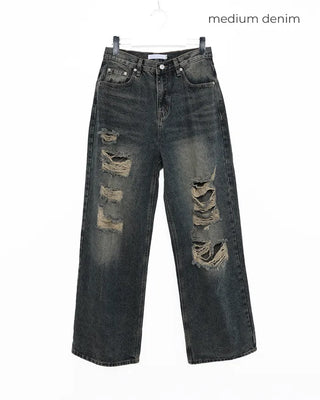 (Unisex) Distressed Wide Denim Pants