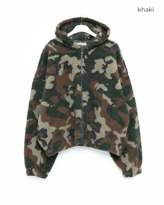 Shearling camouflage hooded zip-up