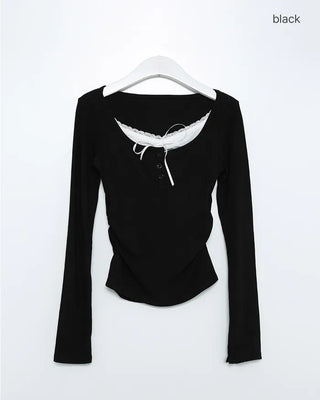 Ribbon Button Long Sleeve T-Shirt