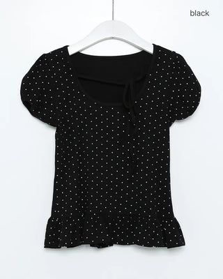 Dot neck string short-sleeved T-shirt