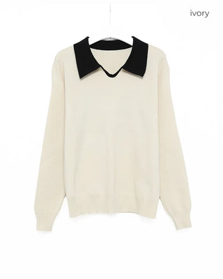 Two-tone semi-V-neck knit
